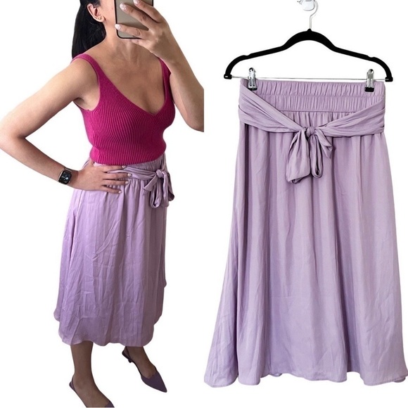 NWT LOFT Skirt Lavender Midi Pull On Elastic Waist Pockets Front Tie Small - Picture 1 of 6